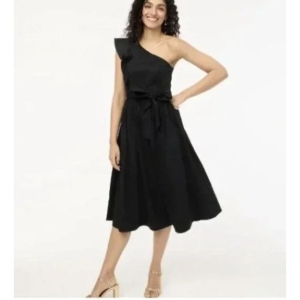 J.Crew One Shoulder Ruffle Midi Dress Black Cotton CA431 Womens 4P New